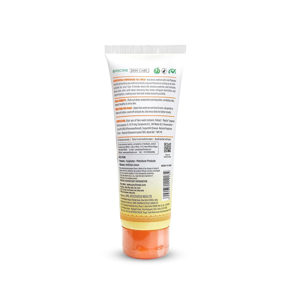 Ayouthveda Papaya Vera Face Wash with Real Papaya Extract for Dry to Normal Skin | Deep Cleansing, Removes Dullness, Dark Spots & Impurities | Hydrating, Sulfate-Free Gentle Formula | 100 g (Pack of 1)