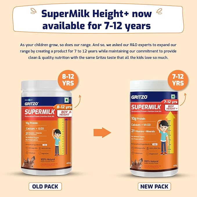 Gritzo SuperMilk Height+ (7-12y Boys) 10g Protein Powder Double Chocolate - 400 gms