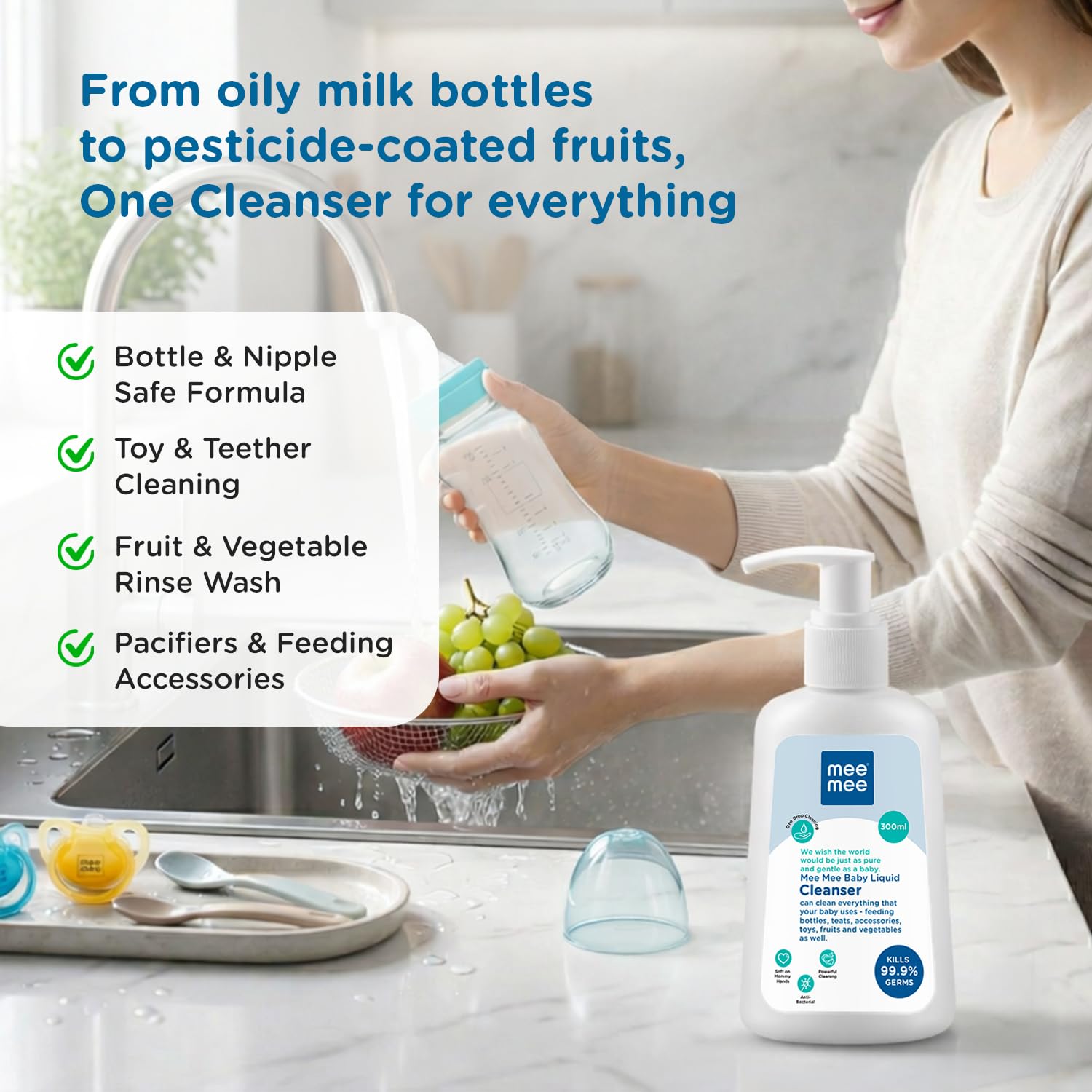 Mee Mee Liquid Cleanser 300 ml | Anti-Bacterial Formula Kills 99.9% Germs | For Bottles, Nipples, Accessories, Toys, Fruits & Vegetables | Alcohol-Free, Dermatologically Tested