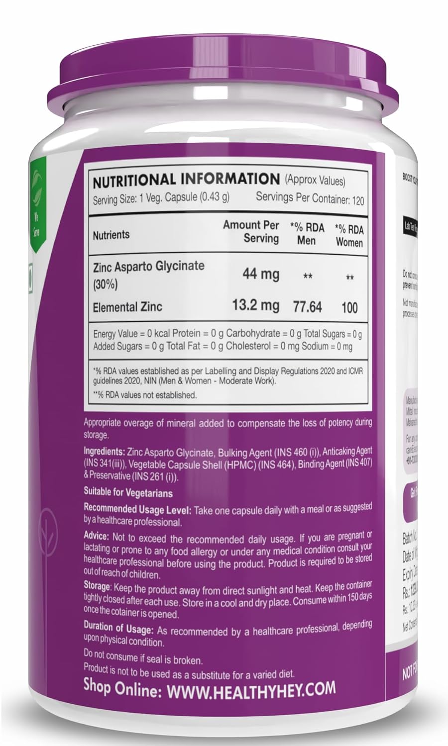 HealthyHey Nutrition Zinc Asparto Glycinate 30% - 120 Capsules
