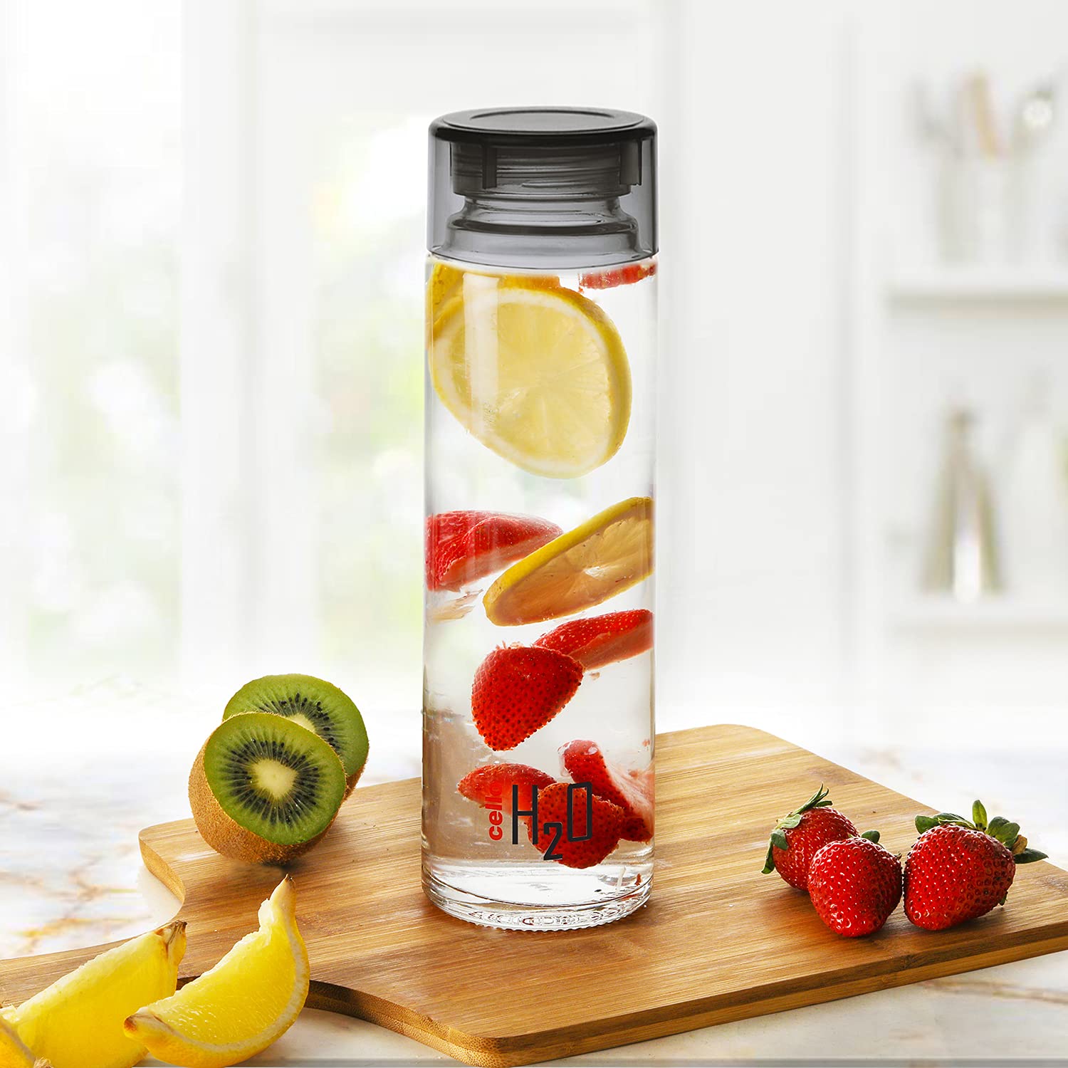 Cello H2o Glass Fridge Water Bottle With Plastic Cap | 920 Ml | Set of 6 | Black