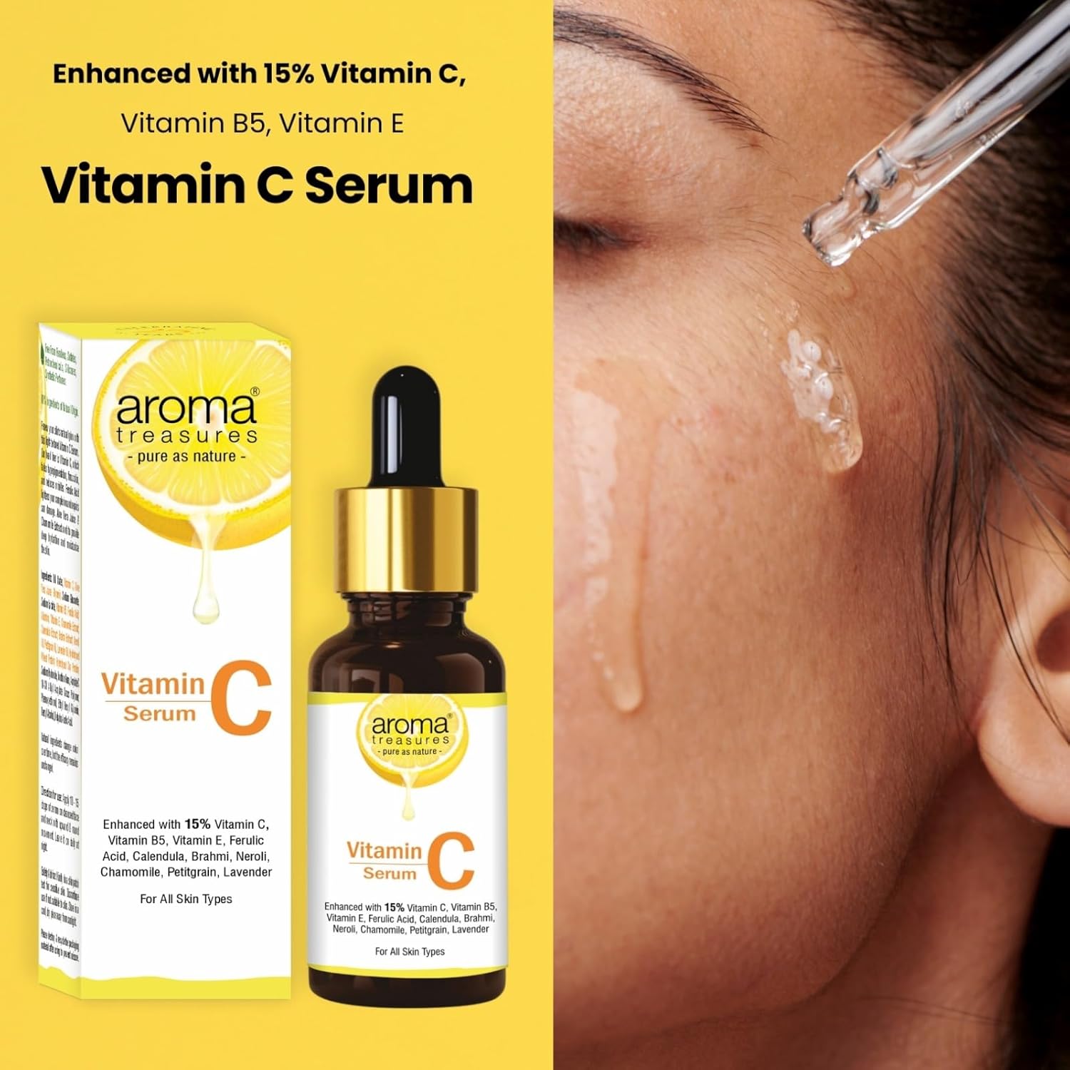 Aroma Treasures Vitamin C Face Serum for Glowing Skin with 15% Vitamin C, Ferulic Acid, Aloe Vera & Essential Oils – Brightens, Hydrates & Reduces Dark Spots – For All Skin Types – 30ml