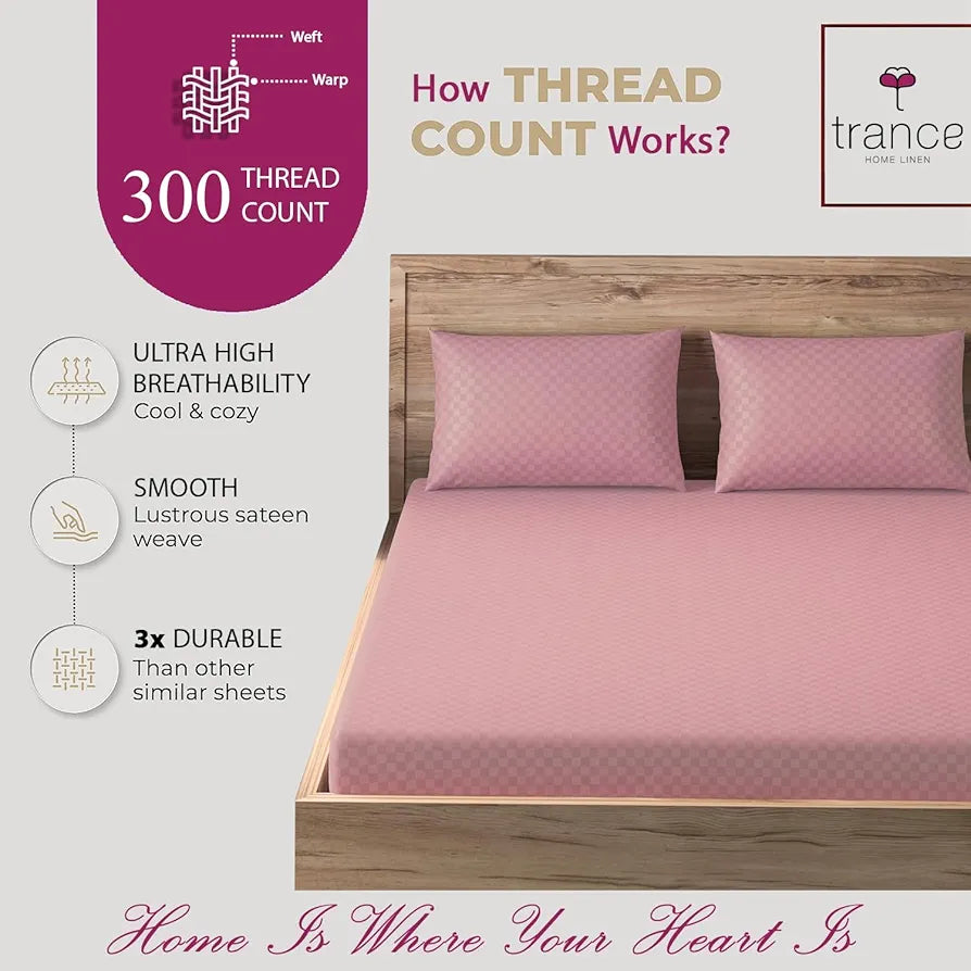 Trance Home Linen Premium Jacquard Weave 300TC Fitted Bedsheet for Queen Size Bed with 2 Pillow Solid Cover 100% Cotton Skin Friendly Colour Dusty Rose