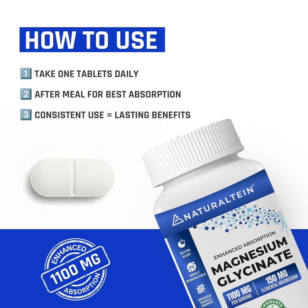 Naturaltein Magnesium Glycinate 1100mg (150mg Elemental) | Chelated High Absorption Magnesium Supports Sleep Quality & Muscle Relaxation | Glyphosate Tested | 60 Tablets