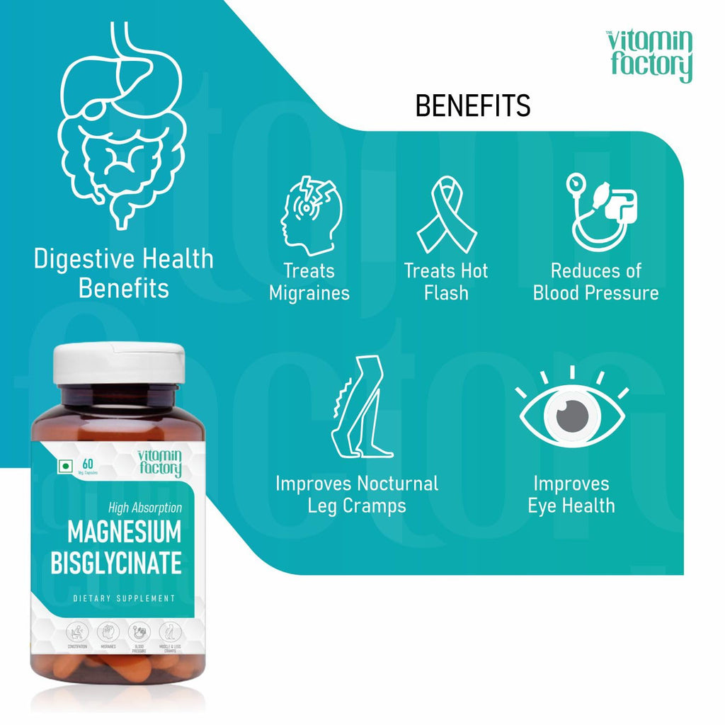 The Vitamin Factory Magnesium Bisglycinate Supplement - High Absorption Magnesium Supplements For Both Men & Women, Supports Sleep, Muscles & Nerve Health Supplements, 60 Vegetable Capsules