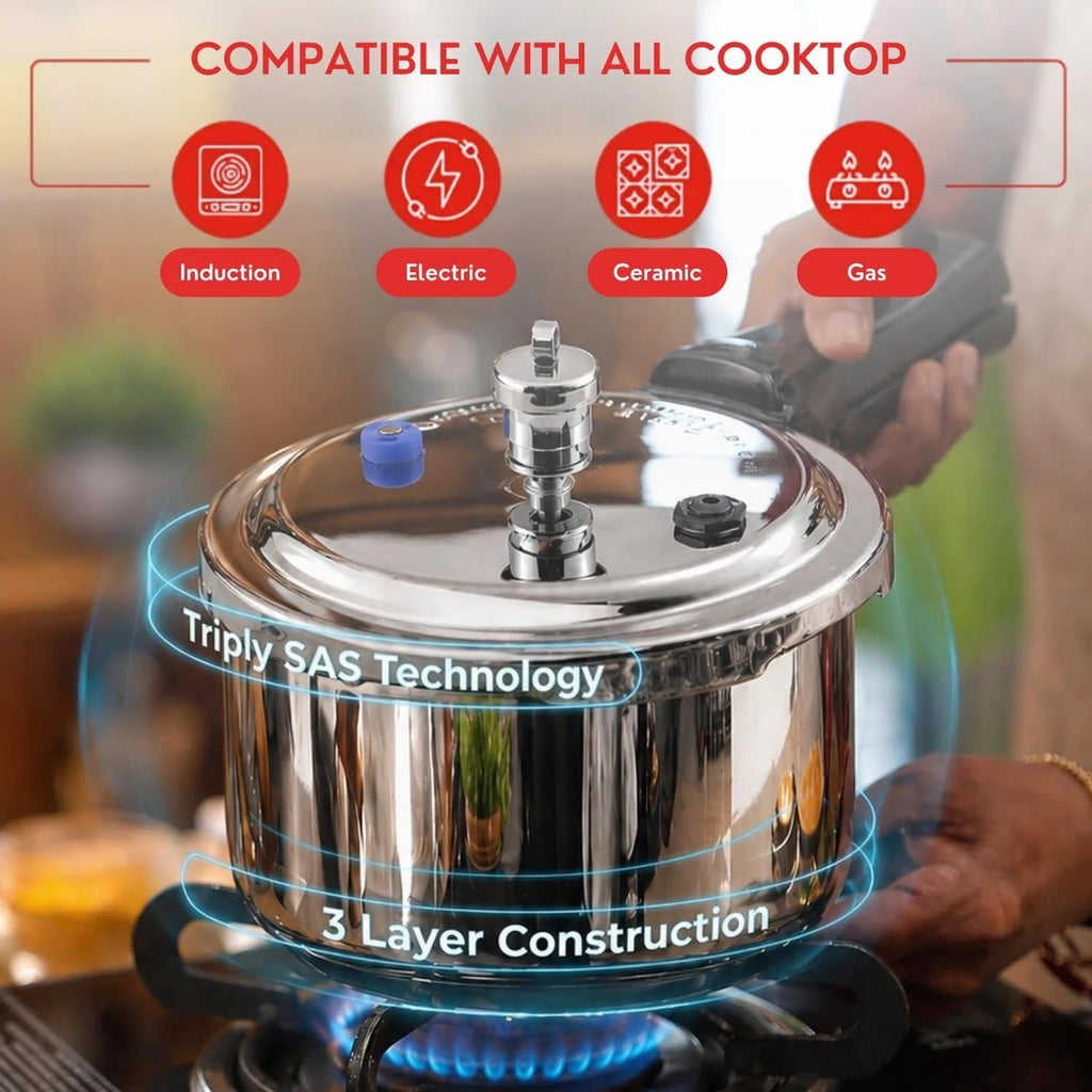Vinod Platinum Triply Stainless Steel Pressure Cooker Induction Gas