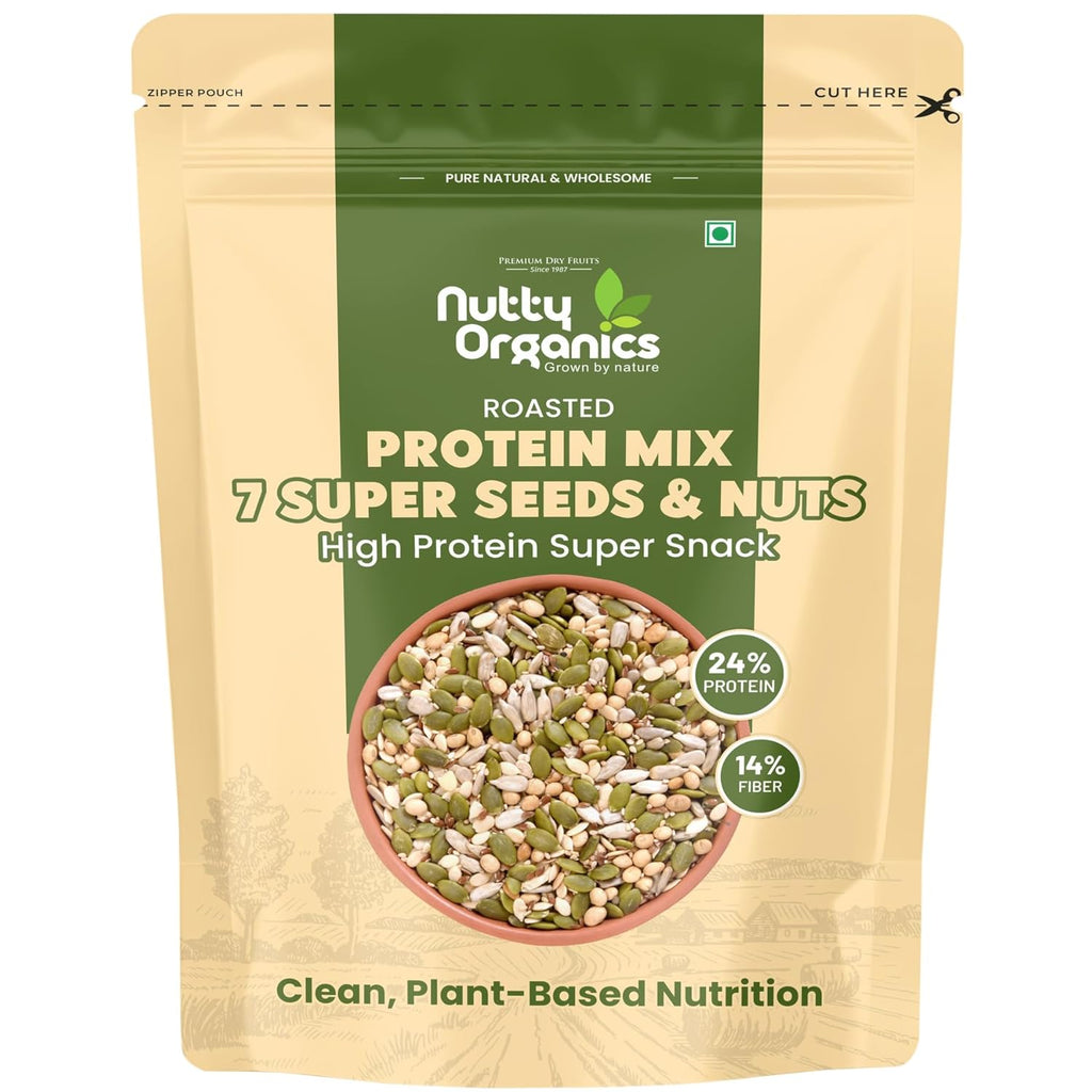 Nutty Organics 7-in-1 Seeds & Nuts Mix| Omega-Rich Superfood | Roasted Pumpkin, Sunflower, Watermelon, Flax, Sesame, Chia & Soya | Healthy Snack | Vegan & Gluten-Free