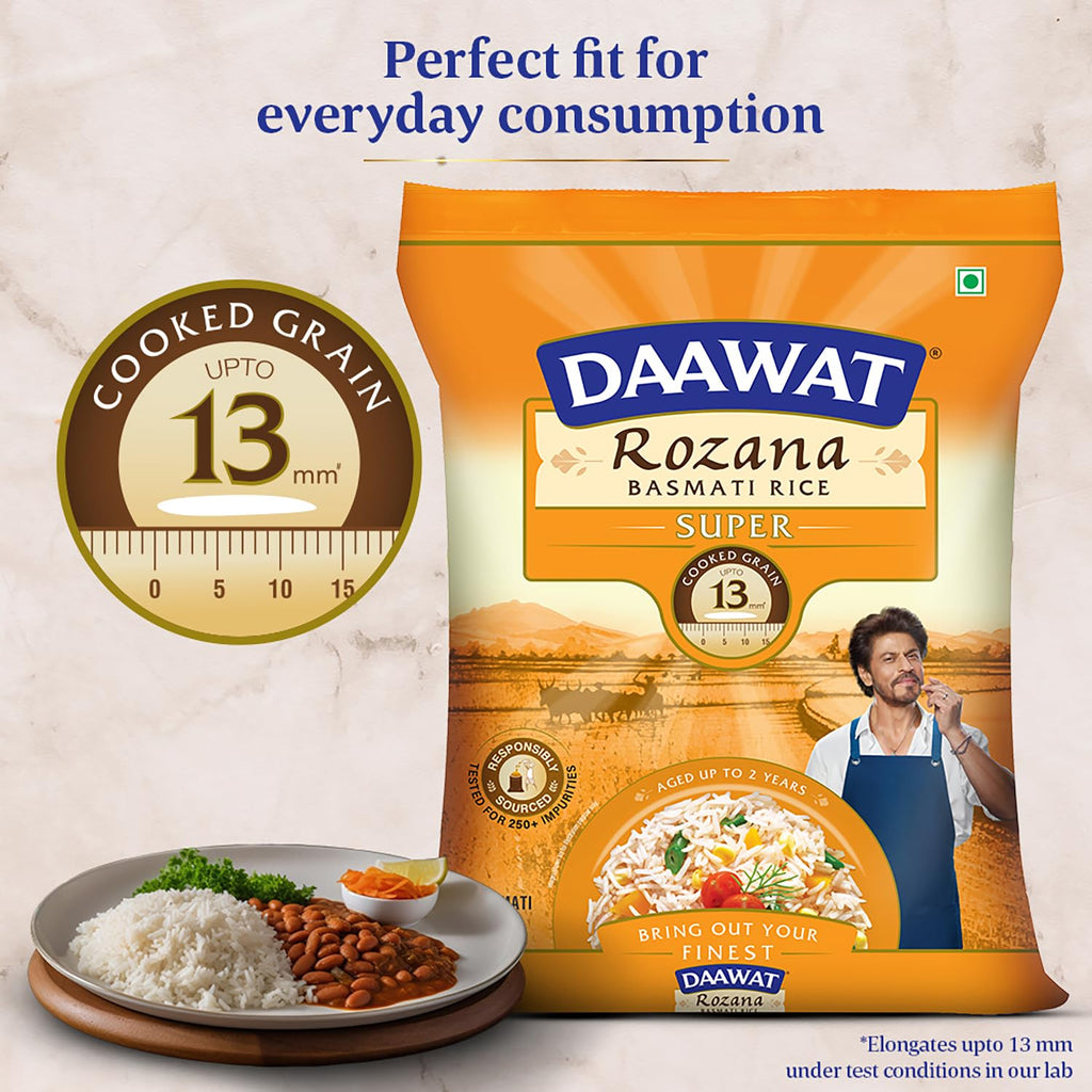 Daawat Rozana Super Basmati Rice 1Kg| For Everyday Consumption| Cooked Grain Upto 13mm*| Naturally Aged