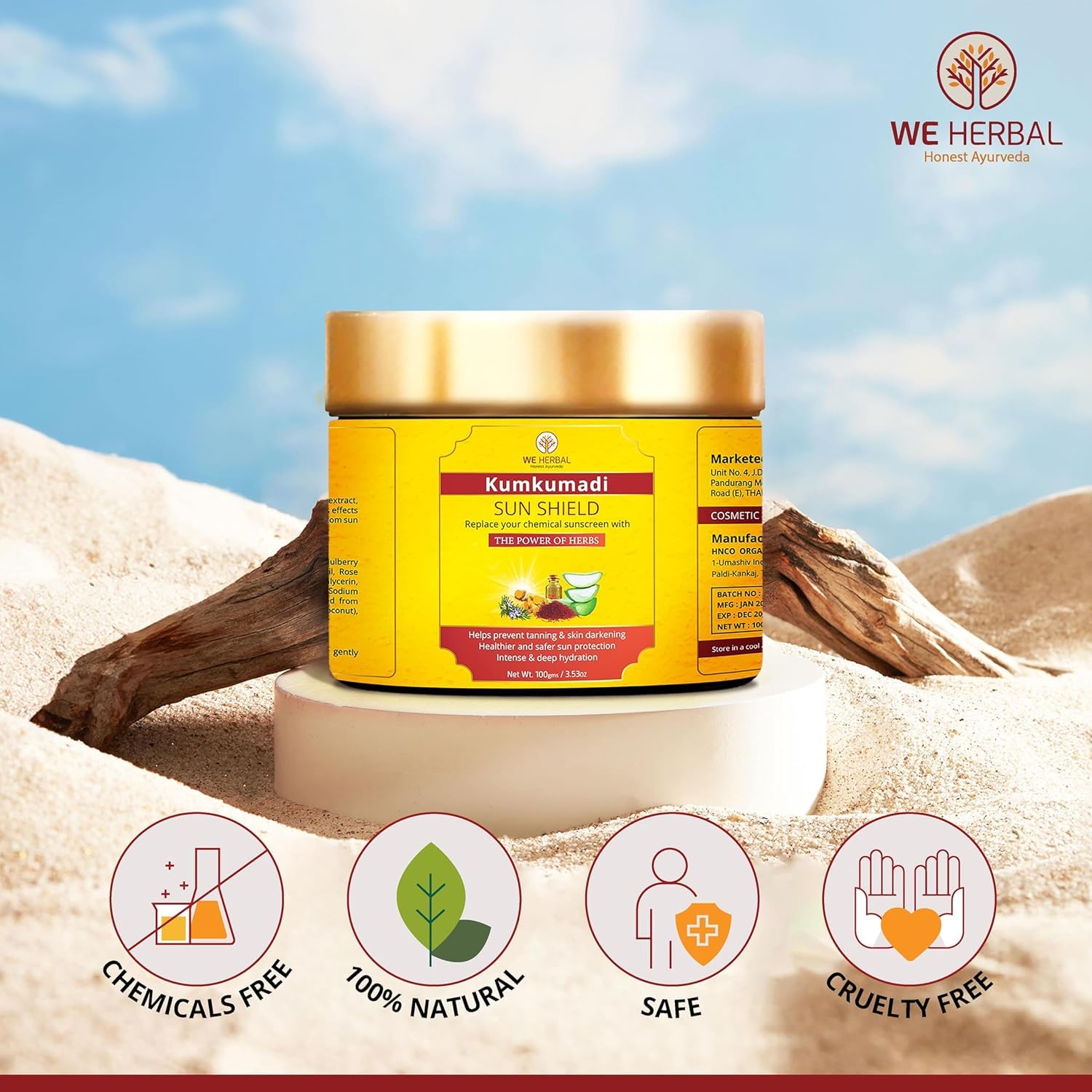 Kumkumadi Sunscreen 100gm, Ayurvedic Sun Shield with Saffron, Aloe Vera,turmeric & Licorice, Sun Protection with herbs and oils no White Cast, Non Greasy, No artificial colour & Fragrance