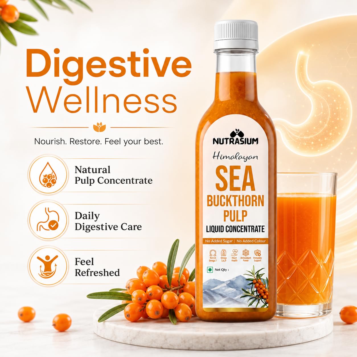Nutrasium Himalayan Sea Buckthorn Berry Juice - 500 ml - Natural Source of Vitamin C, Omega 3 6 7 9, Antioxidants for Immunity, Skin Glow & Gut Health - 50 Glasses