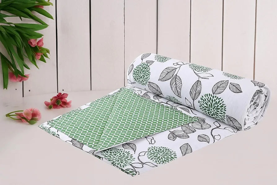 Trance Home Linen Pure Cotton Reversible Dohar Double Bed Size Ac Blanket Comforter Soft Light-Weight Bed Blanket Colour Spring Green Blue Leaves