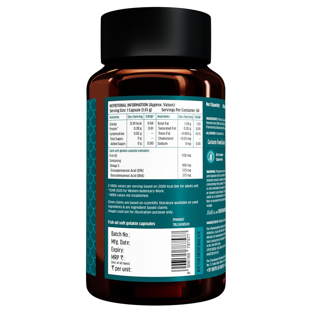 Hk vitals 3X Strength Omega-3 Fish Oil Supplement (60 Capsules) | 1150mg Fish Oil, 525mg EPA & 375mg DHA | For Healthy Heart & Joints | Men & Women