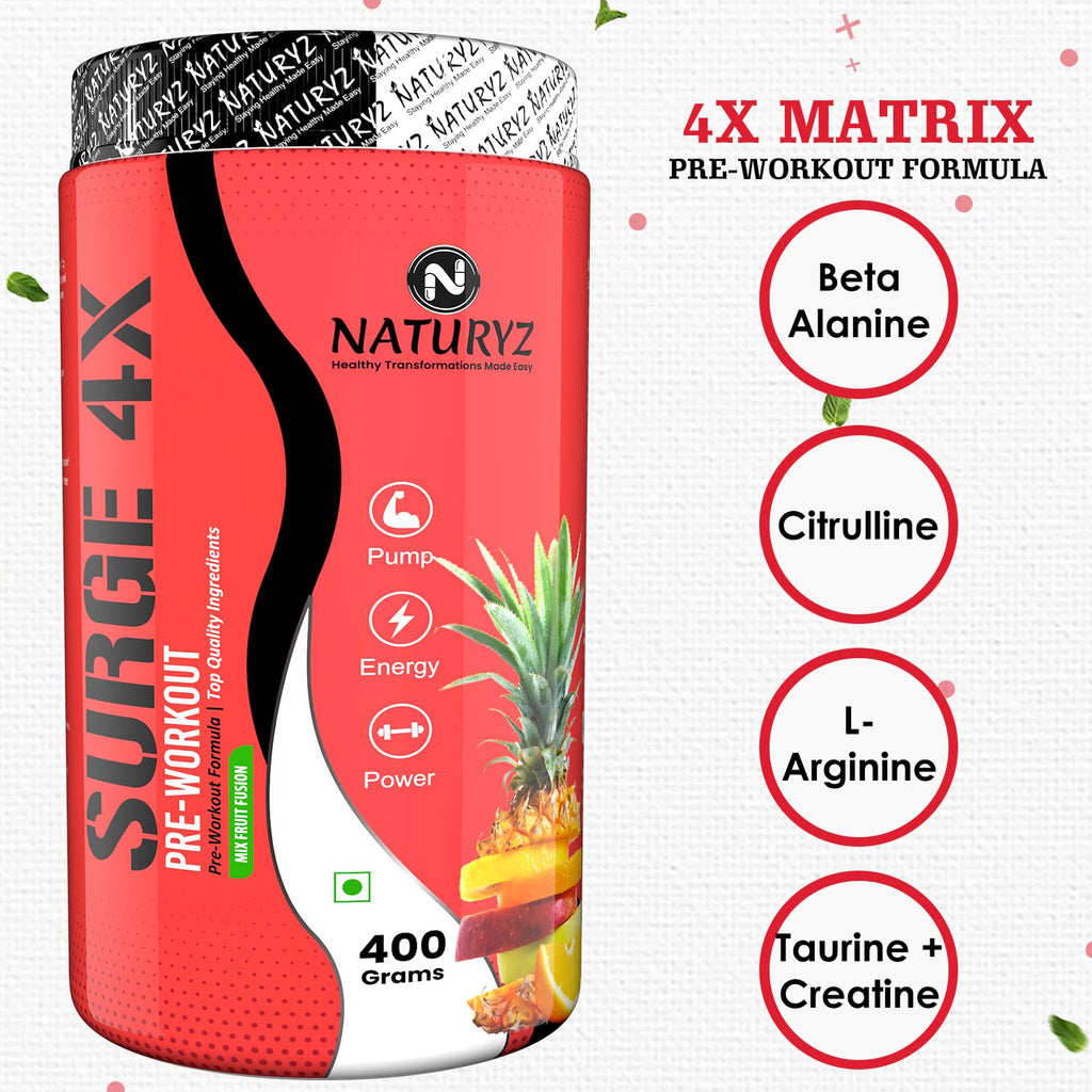 Naturyz Surge 4X Pre Workout, 400g Powder (Mix fruit fusion flavour) with 4000mg Beta-Alanine, 3500mg L- Citrulline,Creatine,L- Arginine & Aminos