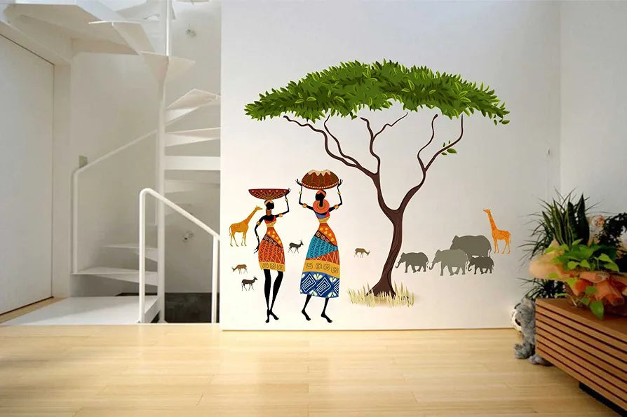 Rawpockets Decal African Jungle Artistic Tribal Ladies with Animal Nature Story Wall Sticker