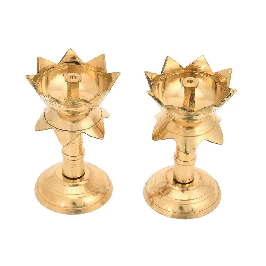 Collectible India Set of 2 Brass Diya for Puja Diya for Diwali - Lotus Shape Pillar Diya Stand Oil Lamp -3.8 Inch