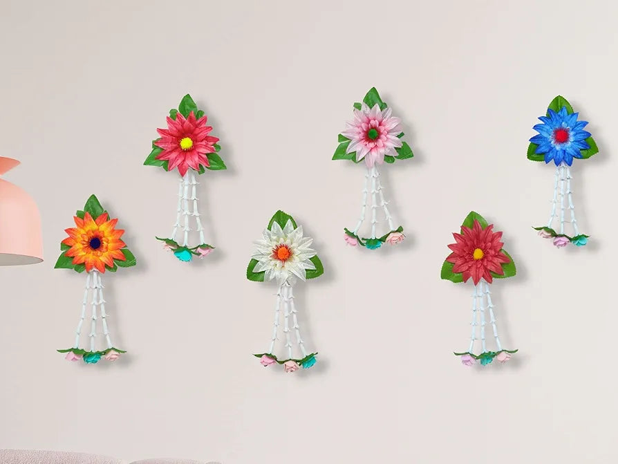 Plastic Artificial Flowers And Leaves Decoration Pack of 12 - Multicolour Flowers