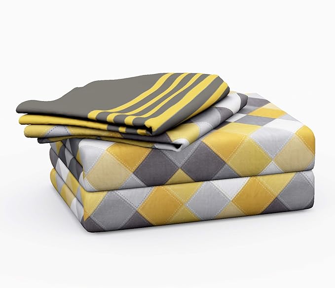 Huesland by Ahmedabad Cotton 144 Tc Cotton Double Bedsheet With 2 Pillow Covers - Yellow | Grey