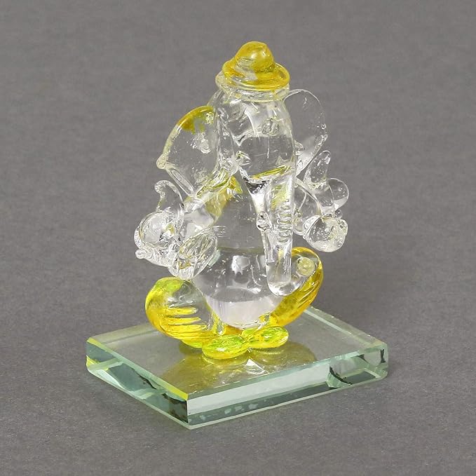 Ecraftindia Yellow and Transparent Double Sided Crystal Car Ganesha Showpiece
