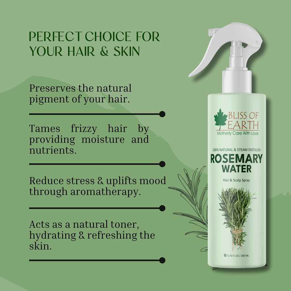 Bliss of Earth Rosemary Water Spray For Hair Growth 200ml, 100% Natural Steam Distilled Rosemary Water For Hair & Skin, Helps Reduce Hair fall, Strengthens Hair.
