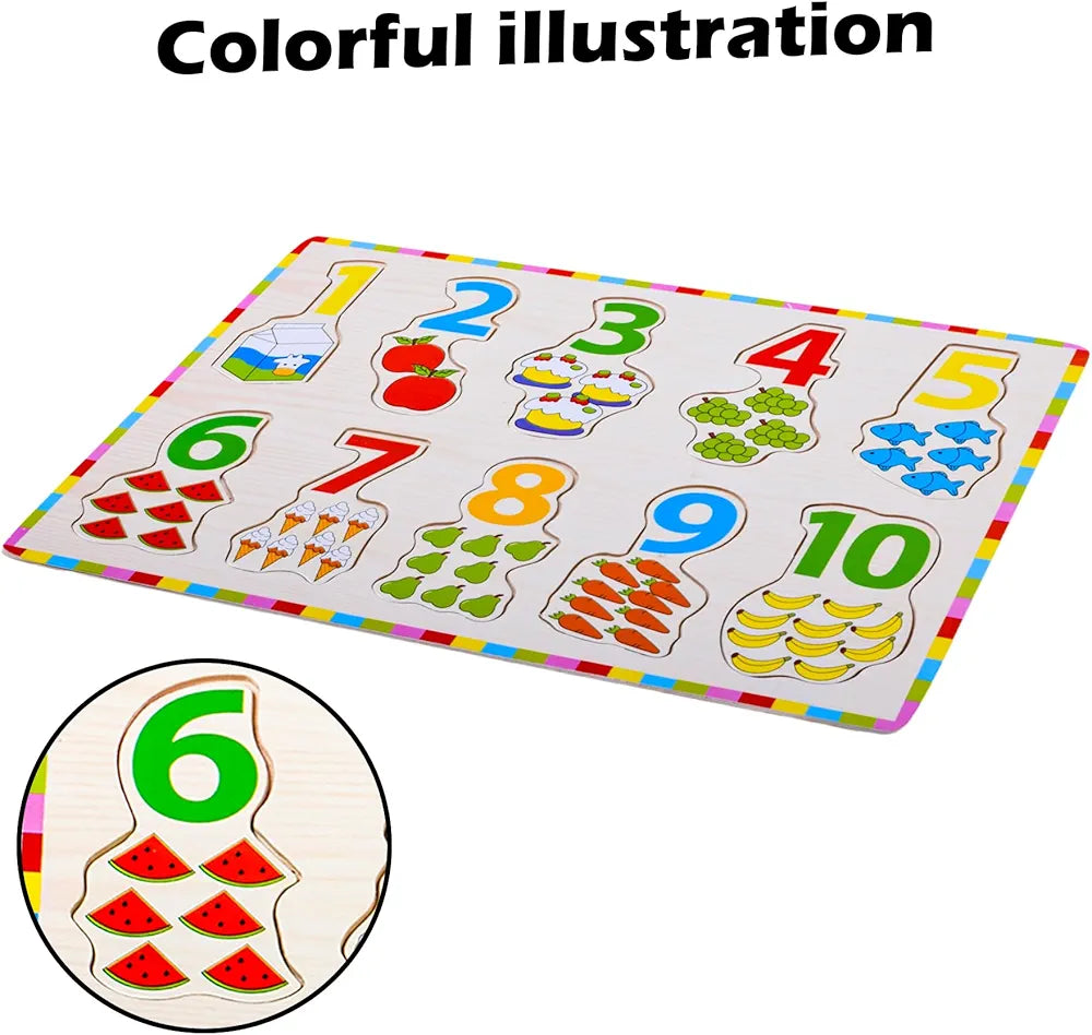 Wishkey Number Board Puzzle Toy with Illustrations, Montessori for Pre-Schooler Kids, Wooden Educational Puzzles