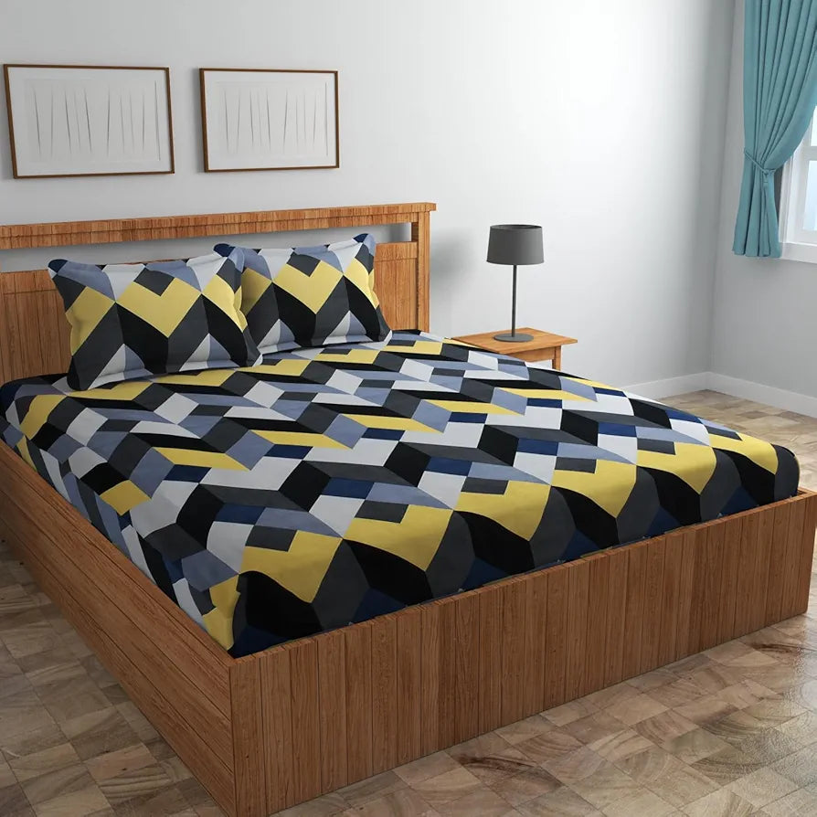 Homefab India 160 TC Glace Cotton Double BedSheet with 2 Pillow Covers Black Grey Checks