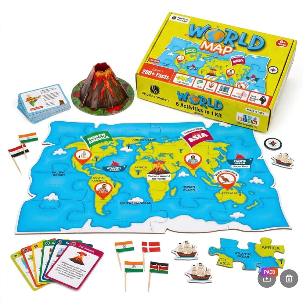 PW World Map Puzzle for Kids, 200+ Facts on Continents & Oceans, Learning Aid & STEM Toy Jigsaw Puzzle