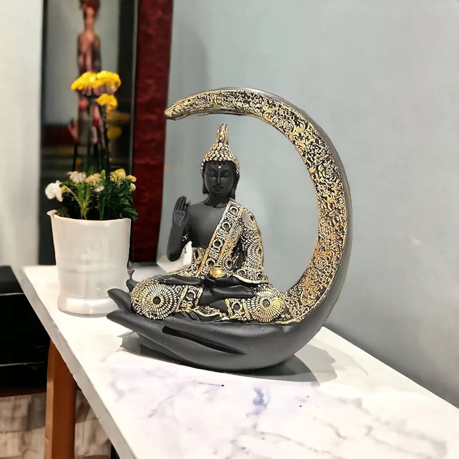 Neelaya Antique Big Meditating Moon Buddha Statue Showpiece Buddha Idol Polyresin Figurine Black