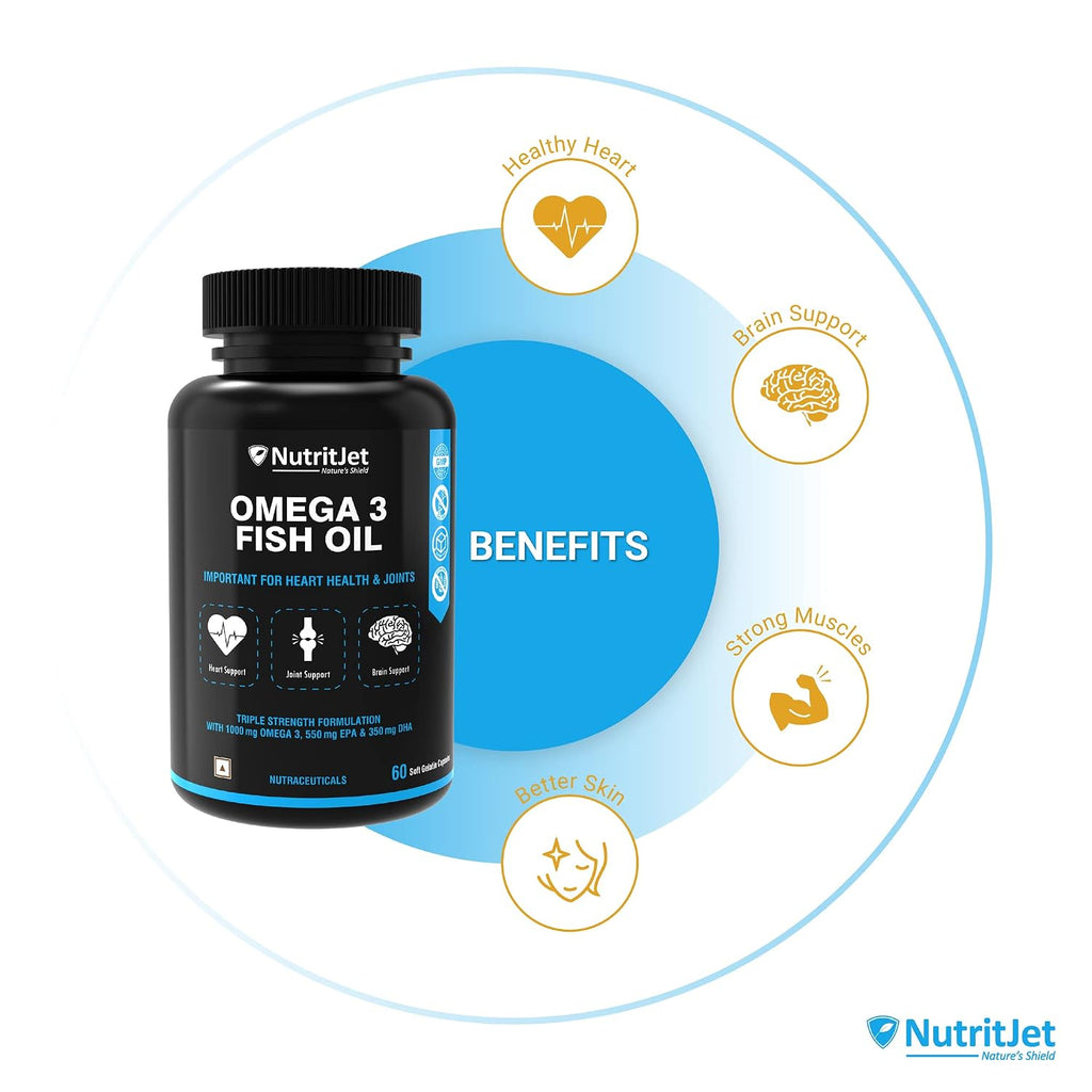 NutritJet Omega 3 Fish Oil 1000mg High Strength with 550 mg EPA and 350 mg DHA for Healthy Heart, Joint Care, Better Skin & Bones Health - 60 Softgels