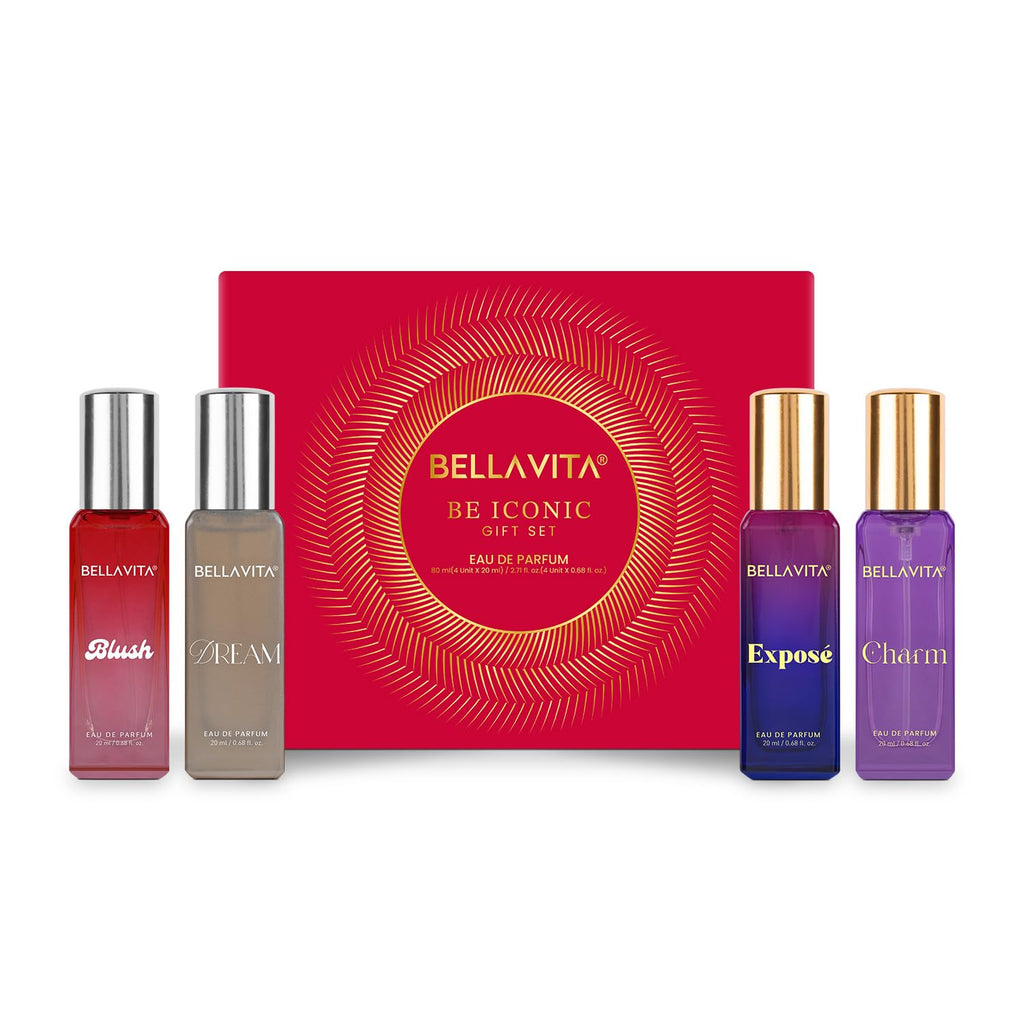 BELLAVITA Be ICONIC | Long Lasting Perfume Gift Set | 4x20ml | with Red Fruits, Jasmine & Pink Pepper | Fruity, Floral Premium Fragrance for Women