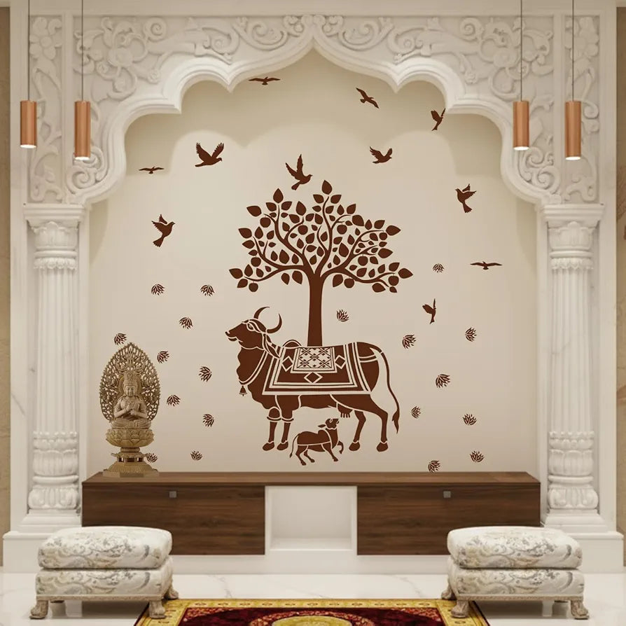 StickMe Kamdhenu Holy Cow and Calf Wall Sticker Self-Adhesive Large - 210 x 210 cm