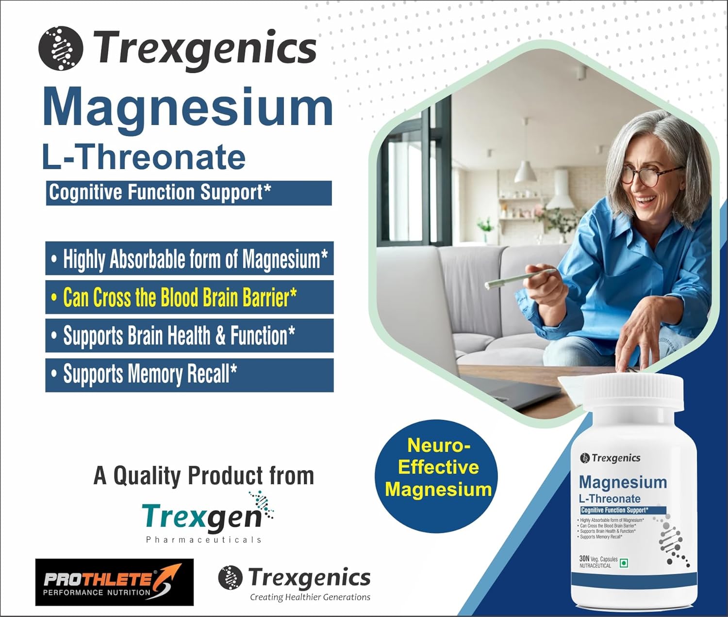 Trexgenics MAGNESIUM L-THREONATE Next Generation Bioavailable Magnesium, Cognitive Function & Brain Health Support (30 Veg. Capsules) (Pack of 1)