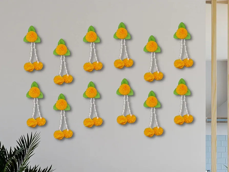 Plastic Artificial Flowers And Leaves Decoration Pack of 12 - L Orange & Green