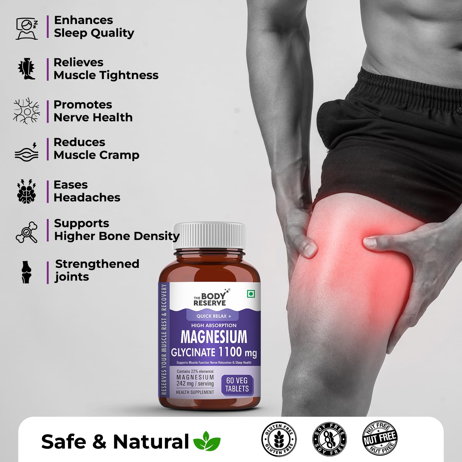 The Body Reserve Magnesium Glycinate Supplement - 60 Veg Tablets, 1100mg Per Serving, High Absorption Chelated Form - Muscle & Nerve Health, Relaxation for Men & Women