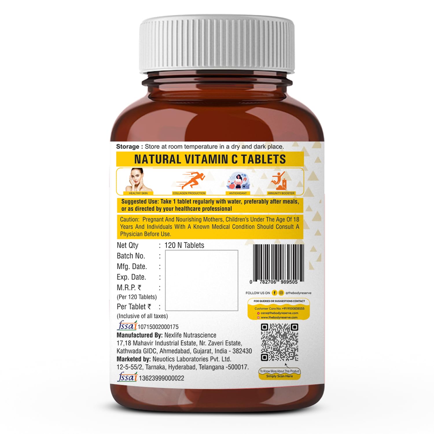 THE BODY RESERVE Vitamin C Tablets with Amla Extract, Zinc & Ginger | 120 Tablets | Daily Dietary Supplement