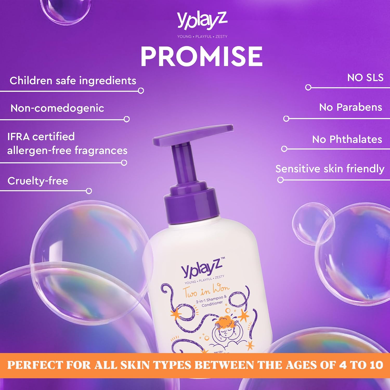YplayZ 2 in 1 Shampoo & Conditioner for Kids - Ages 4-10 - 300 Ml