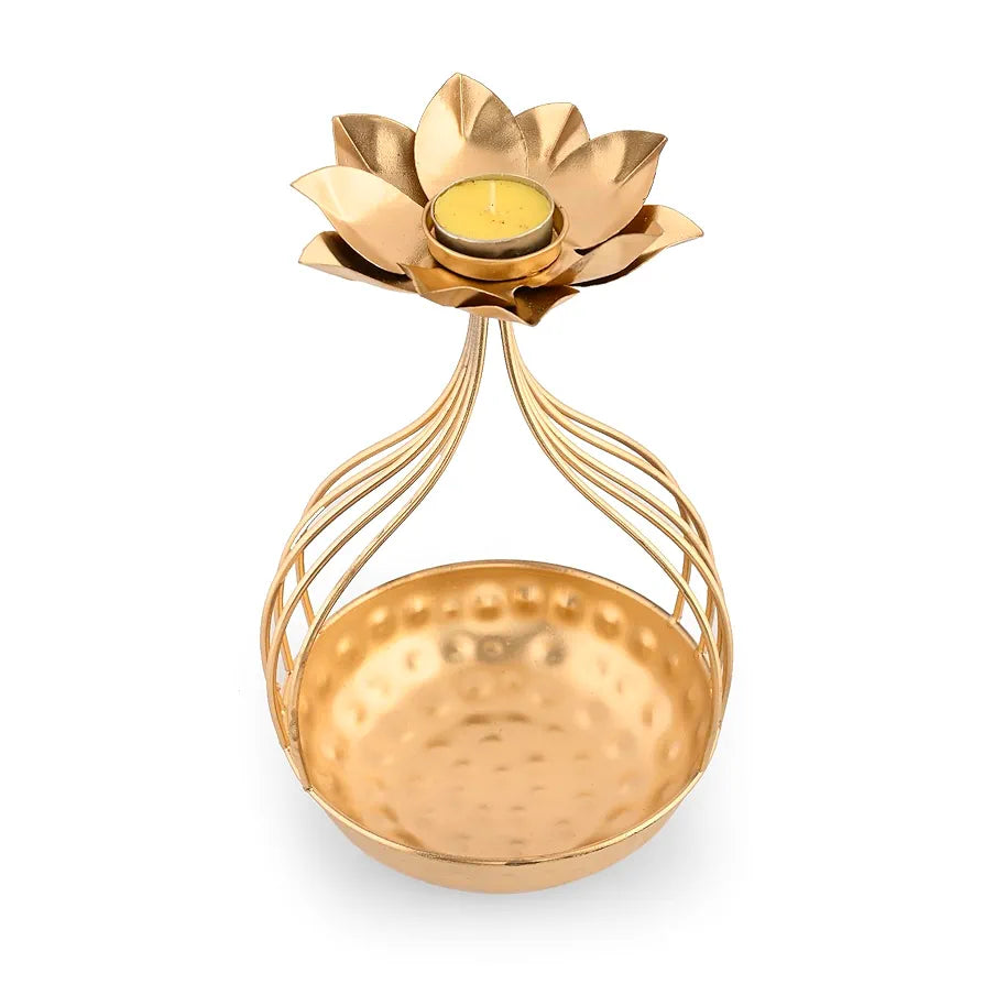 Metal Lotus Tealight Candle Holder with Base of Urli Bowl Gold