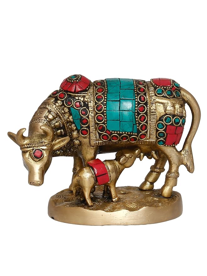 Ecraftindia Golden Stone Work Handcrafted Brass Cow and Calf Statue | Cow Statue With Calf Animal Figurine Decorative Showpiece
