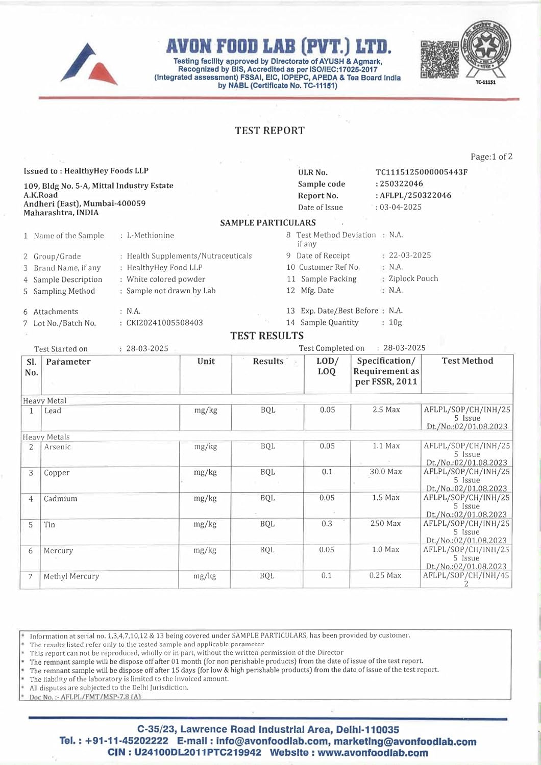 HealthyHey Nutrition L-Methionine Free Form Pure Crystalline -120 Veg Capsules