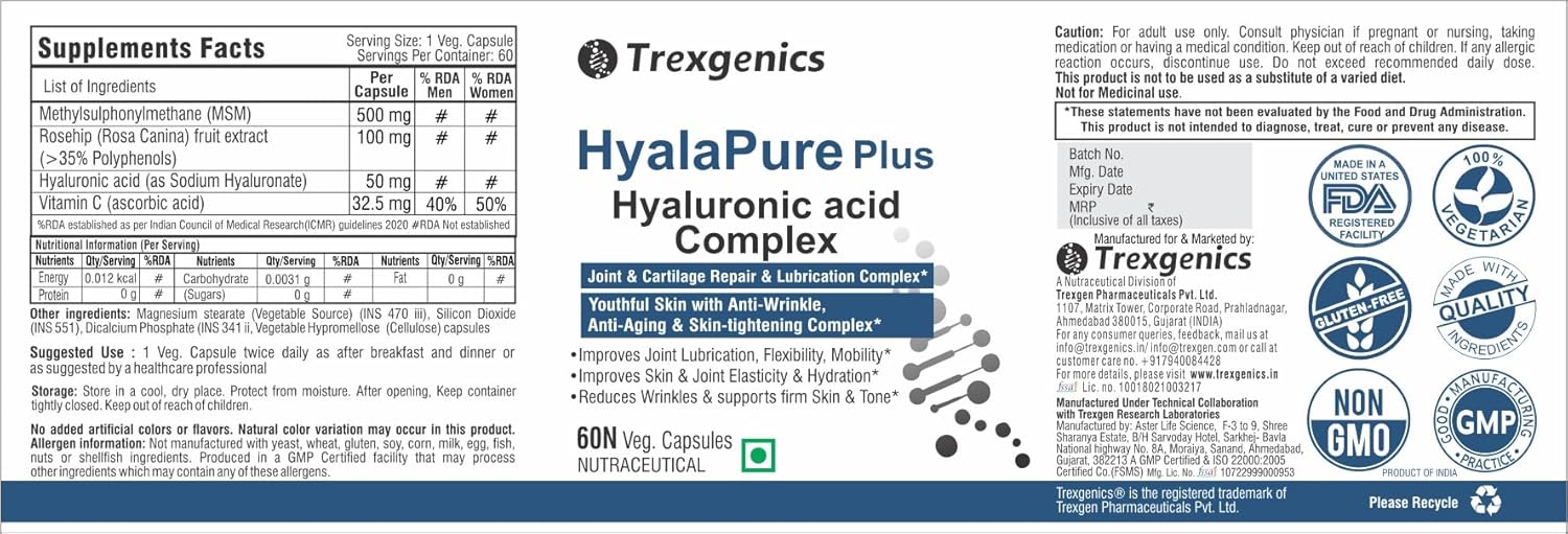 Trexgenics HYALAPURE PLUS Advanced Joint Lubrication & Skin Care Complex with HYALURONIC ACID 50mg, Methylsulfonylmethane (MSM) 500mg, European Rosehip extract 35% Polyphenols 100mg & Vitamin C (60 Veg. Capsules)