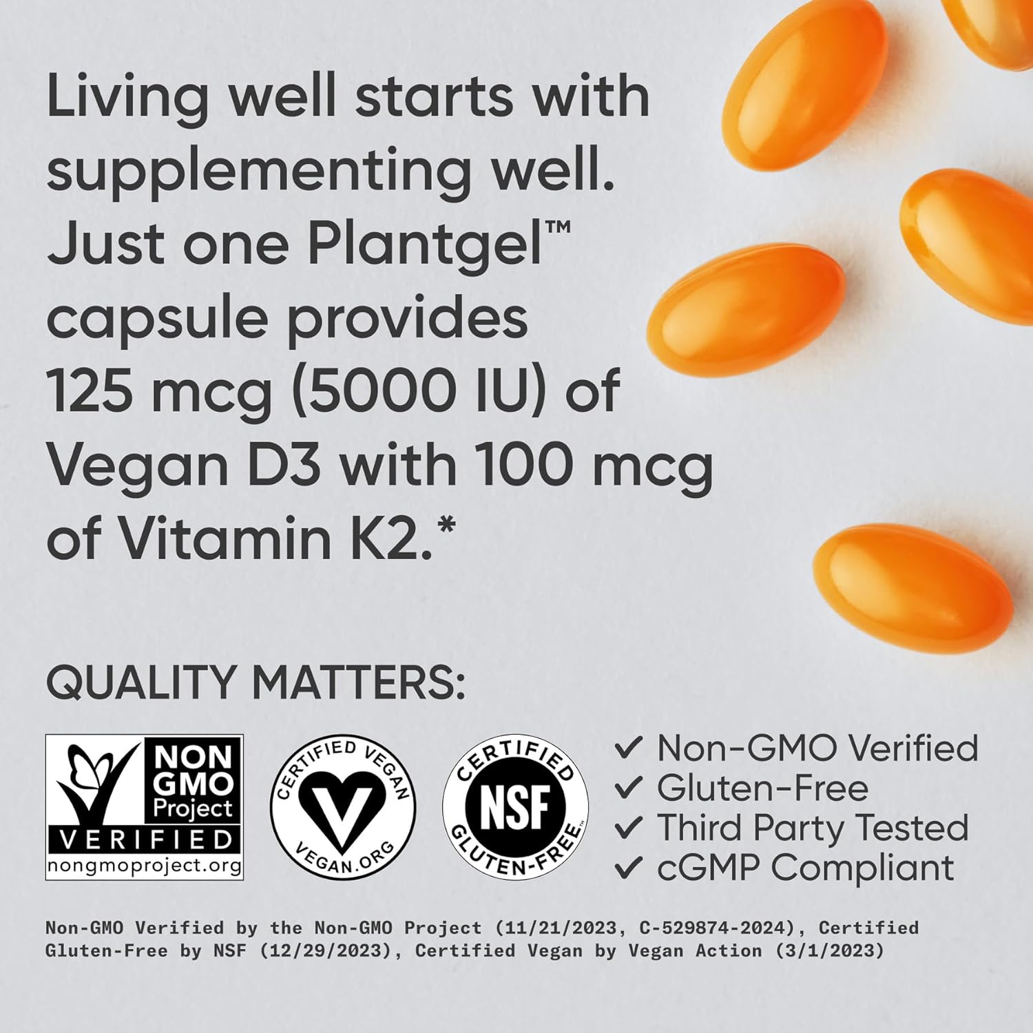 Sports ResearchÂ® Vitamin D3 + K2 w/ Coconut Oil - Vegan Vitamin D 5000iu & Mk7 Vitamin K 100mcg for Bone & Immune Support - Vegan Certified Â· Non-GMO Â· Soy Free - 60 Softgels