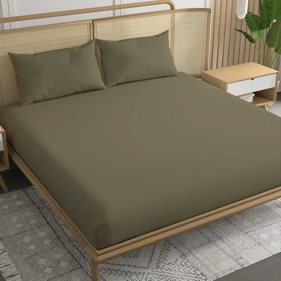 Trance Home Linen 300 TC Bamboo Fitted Queen Size Bedsheet Soft Breathable & Eco-Friendly Bedsheet with 2 Pillow Cover Colour Mocha