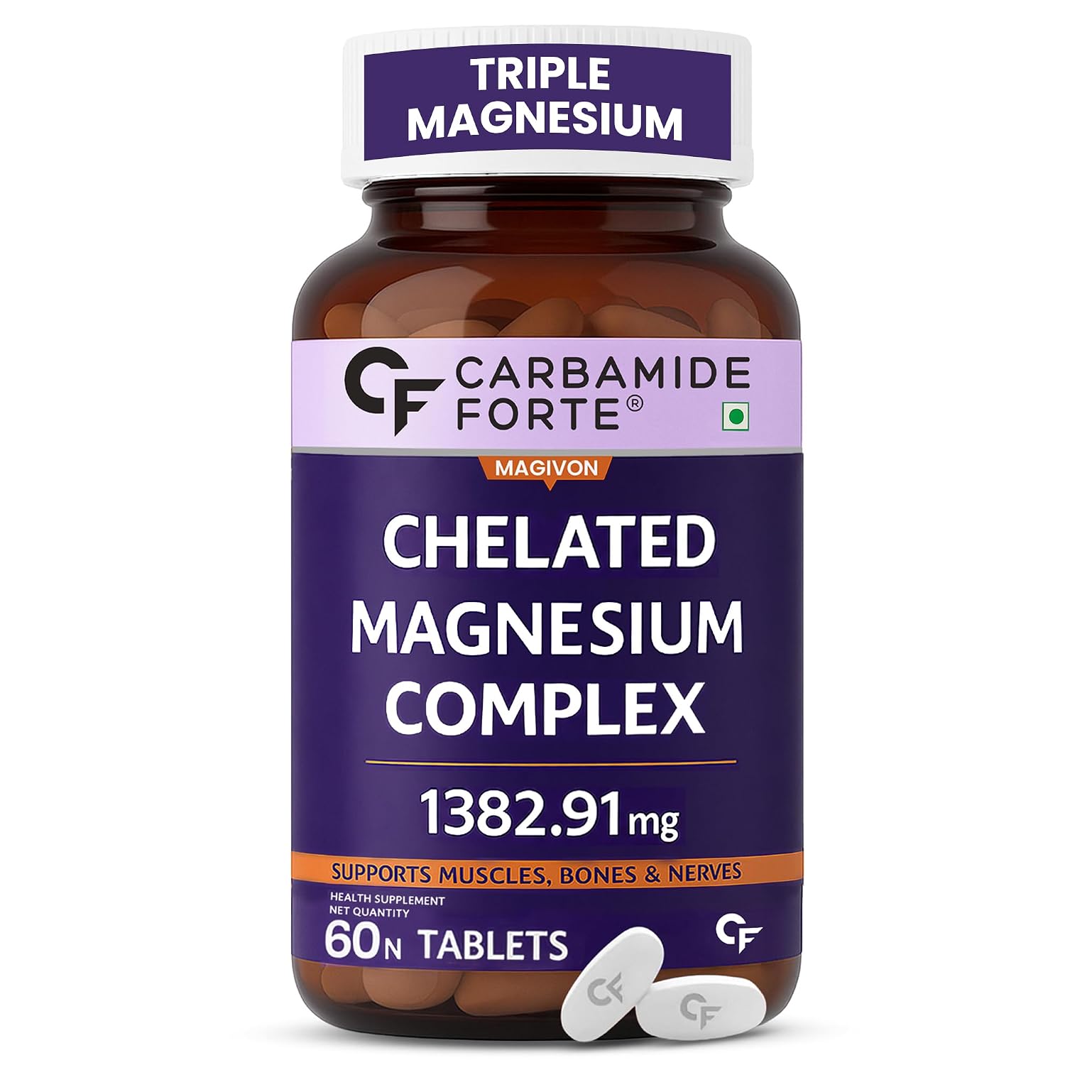 Carbamide Forte Chelated Magnesium Citrate Oxide Supplement | Triple Magnesium Supplement Supports Bones Muscles & Nerves 1382.91mg Per Serving - 60 Veg Tablets