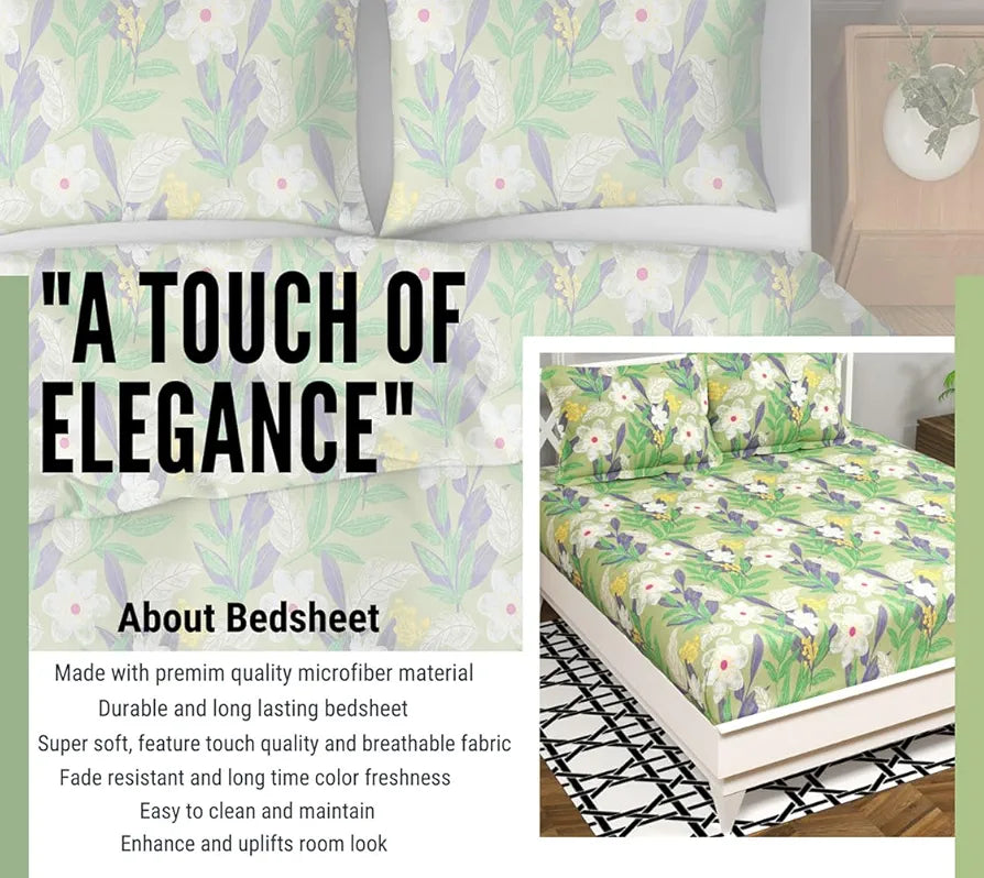 HomeKart Floral 180 Tc Ultra Super Soft Cotton Feel Microfiber Double Bedsheet with Two Pillow Covers for Your Bedroom Green