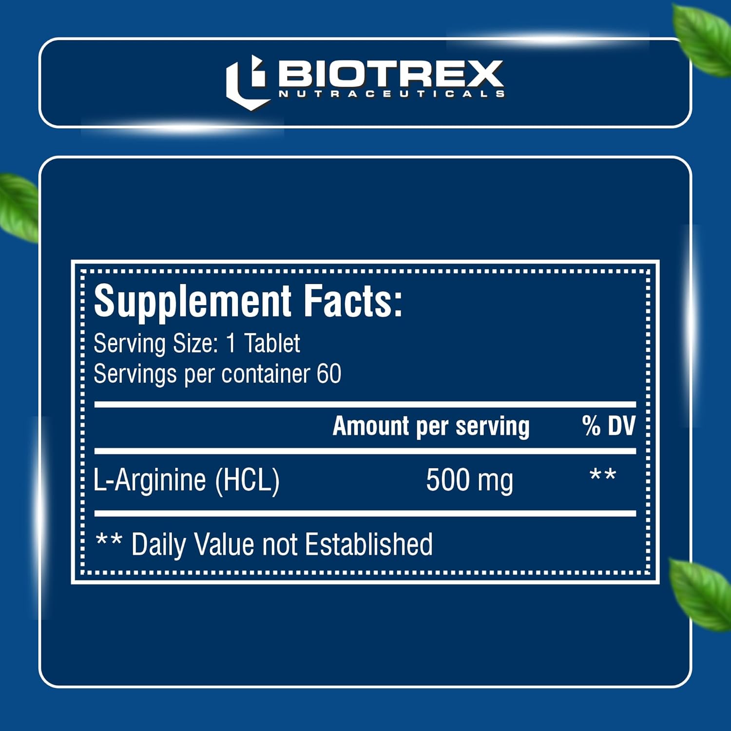 Biotrex Nutraceuticals L-Arginine 500mg Supplement | Nitric Oxide Booster & Muscle Growth | Blood Flow & Heart Health | Pre Workout | Non-GMO | 60 Tablets