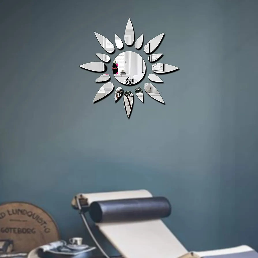 Bikri Kendra Sun Silver Model-10 Mirror Stickers for Wall, Acrylic Mirror Wall Decor Sticker