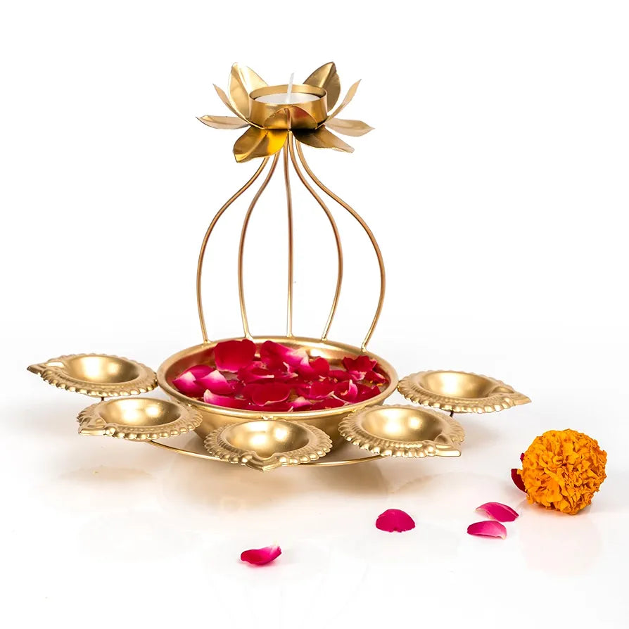 Metal Lotus Tealight Candle Holder with Base of Urli Bowl and Diya Gold