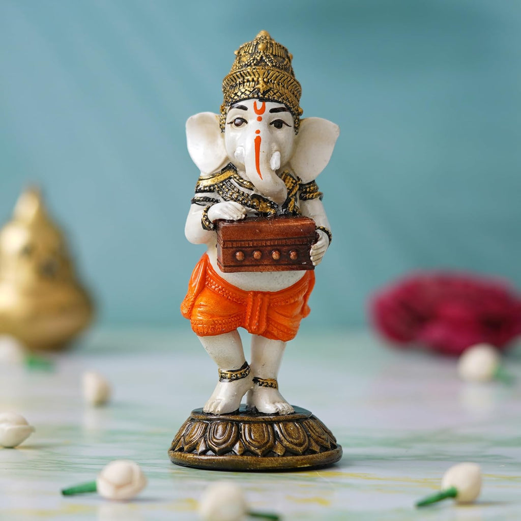 Ecraftindia Handcrafted Polyresin Lord Ganesha Idol Playing Harmonium Musical Instrument Statue Decorative Showpiece