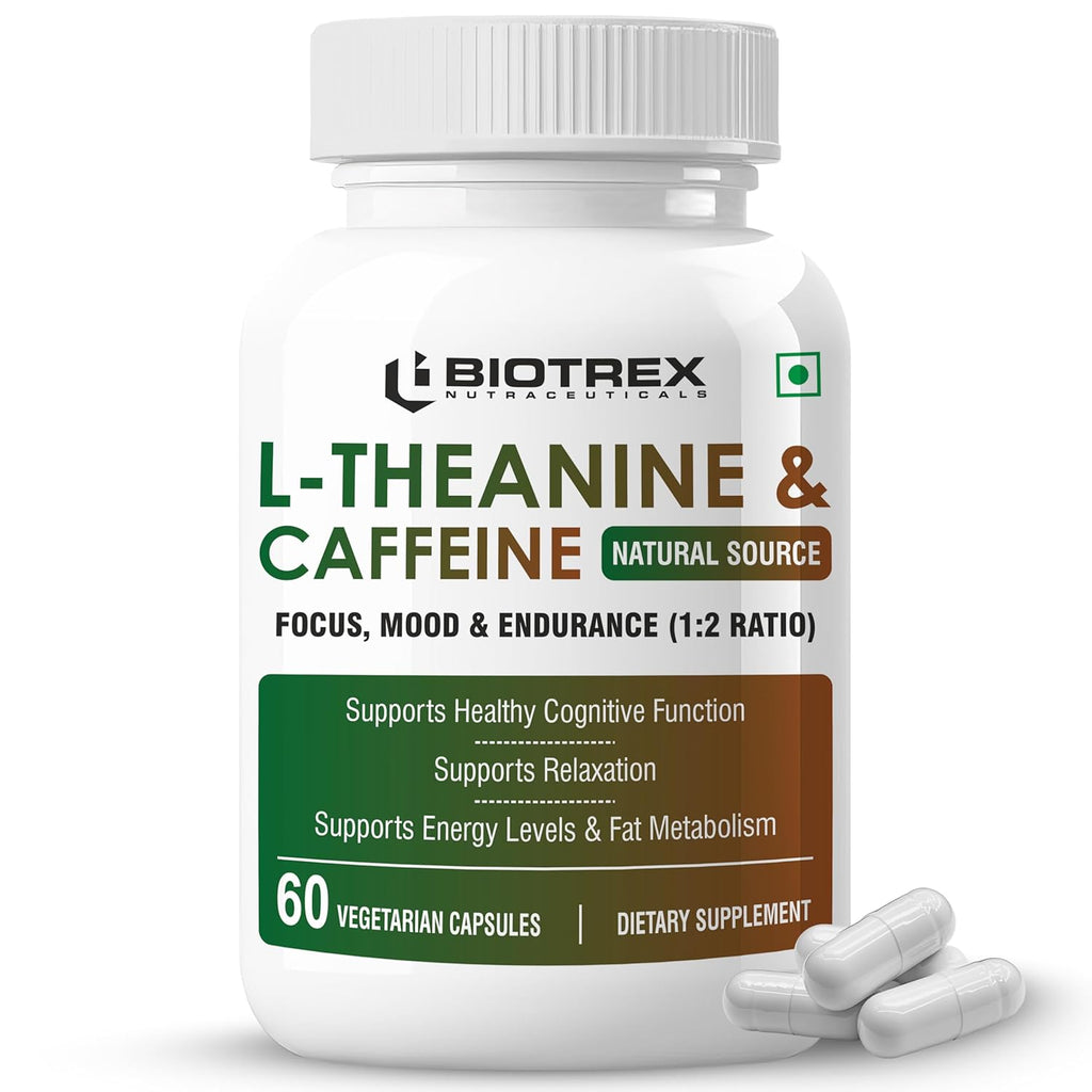 Biotrex Nutraceuticals L-Theanine 200mg Caffeine 100mg Supplement helps to improve Excercise Performance & supports Energy Management - 60 Veg Capsules