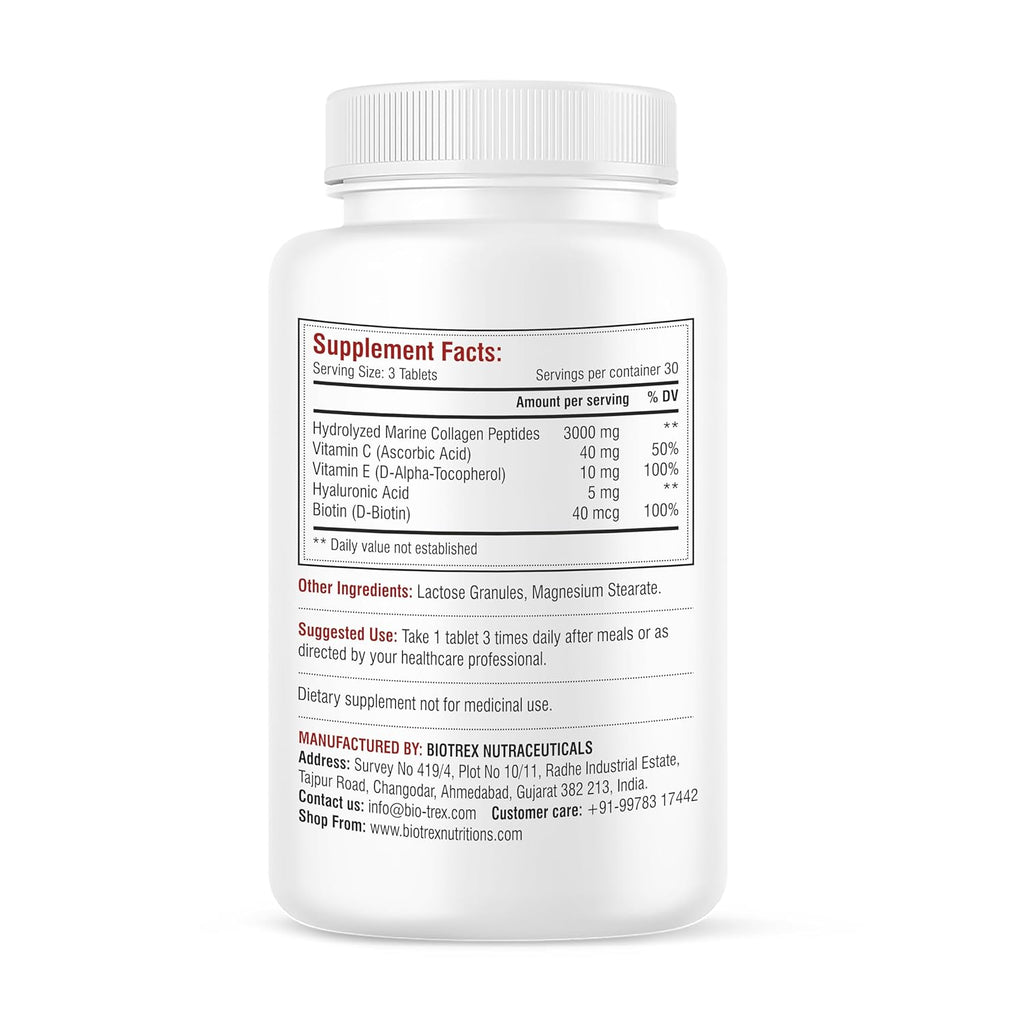 Biotrex Nutraceuticals Marine Collagen 3000mg Peptides With Biotin, Hyaluronic Acid, Vitamin C & E, Type 1 Marine Collagen, Healthy Hair, Skin, Nails, For Men & Women - 90 Tablets