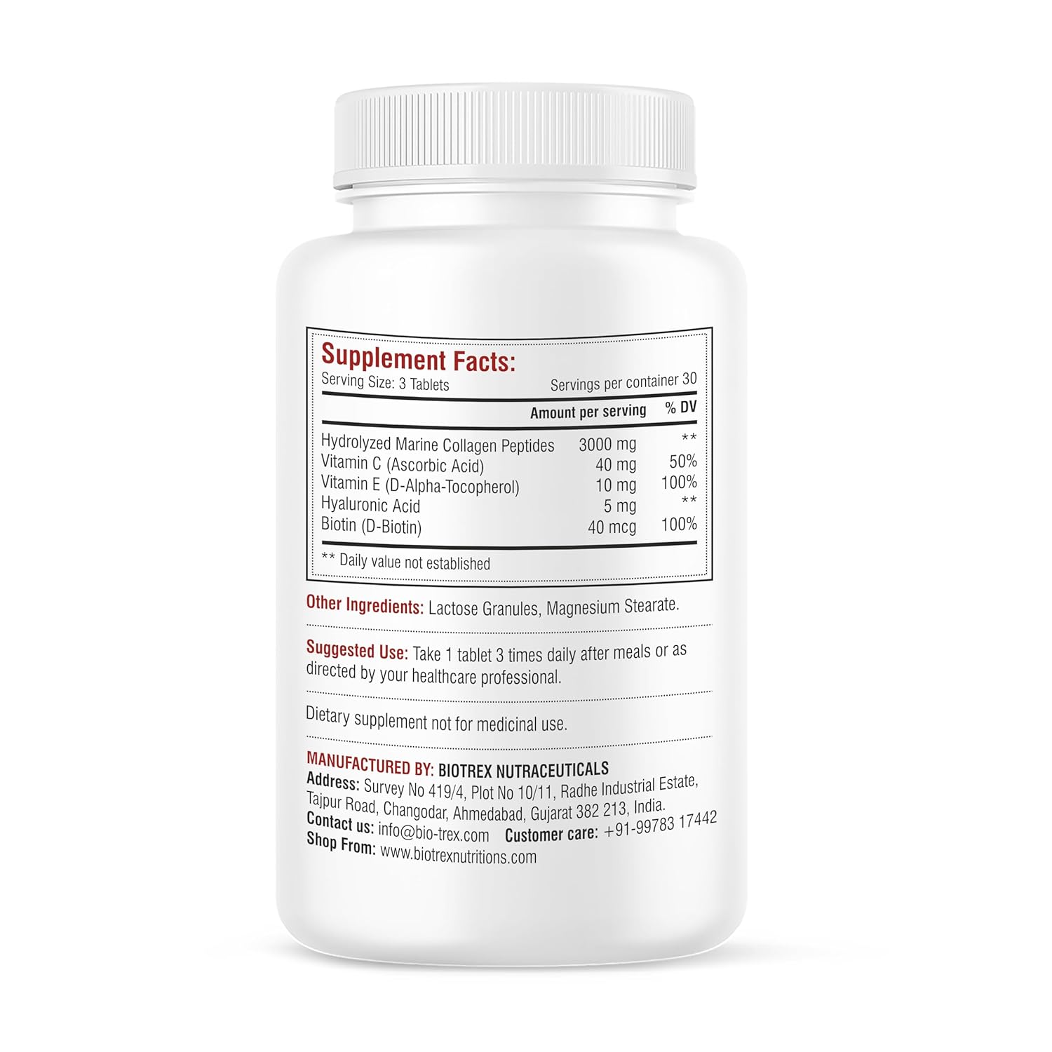 Biotrex Nutraceuticals Marine Collagen 3000mg Peptides With Biotin, Hyaluronic Acid, Vitamin C & E, Type 1 Marine Collagen, Healthy Hair, Skin, Nails, For Men & Women - 90 Tablets